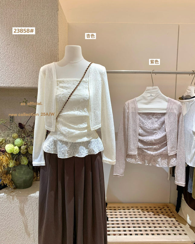 AS OFFICIAL Lace Pleated Bustier + Jacquard Embroidered Cardigan Set