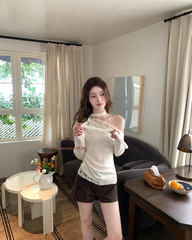 AS OFFICIAL Asymmetrical Lace Panel Knit Top with Ribbon (Wool Blend)