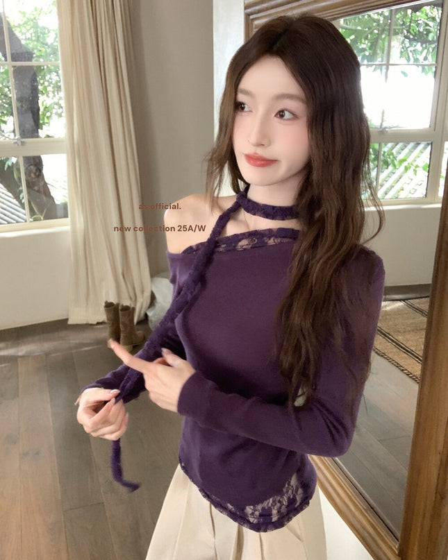AS OFFICIAL Asymmetrical Lace Panel Knit Top with Ribbon (Wool Blend)