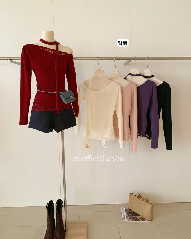 AS OFFICIAL Asymmetrical Lace Panel Knit Top with Ribbon (Wool Blend)