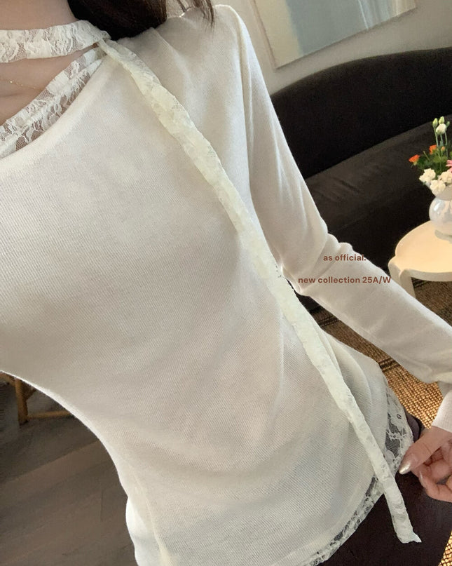 AS OFFICIAL Asymmetrical Lace Panel Knit Top with Ribbon (Wool Blend)