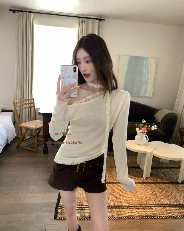 AS OFFICIAL Asymmetrical Lace Panel Knit Top with Ribbon (Wool Blend)