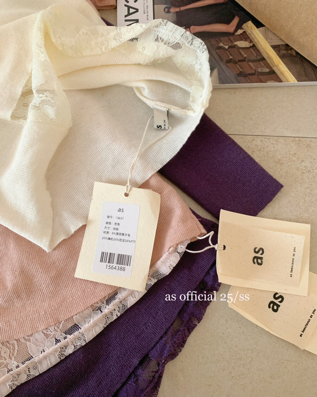 AS OFFICIAL Asymmetrical Lace Panel Knit Top with Ribbon (Wool Blend)