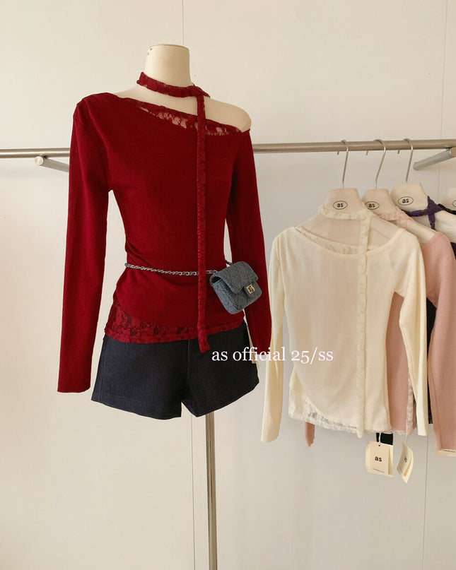 AS OFFICIAL Asymmetrical Lace Panel Knit Top with Ribbon (Wool Blend)