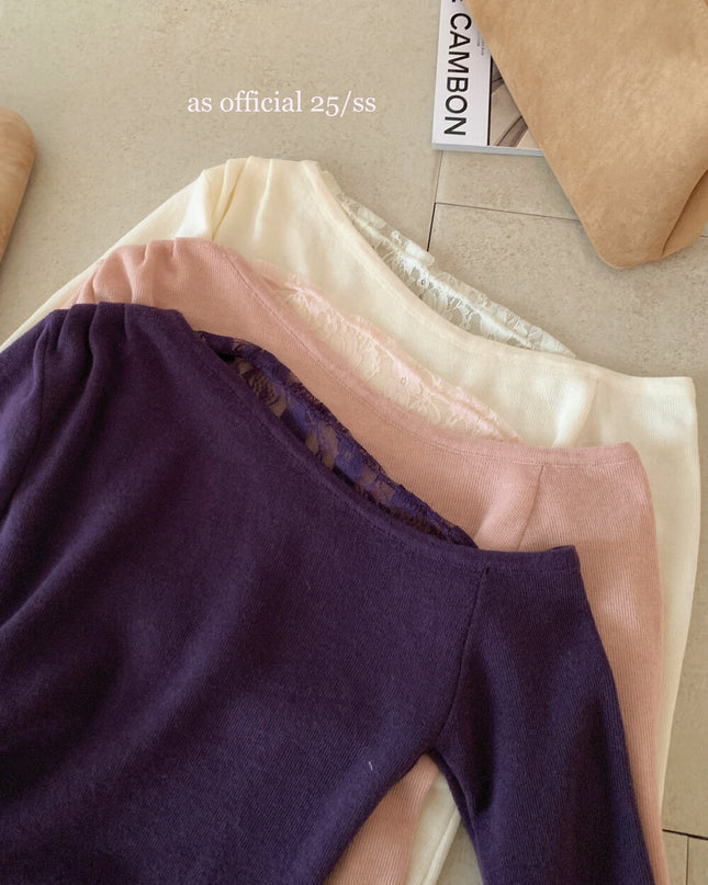 AS OFFICIAL Asymmetrical Lace Panel Knit Top with Ribbon (Wool Blend)