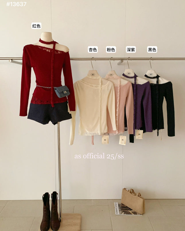 AS OFFICIAL Asymmetrical Lace Panel Knit Top with Ribbon (Wool Blend)