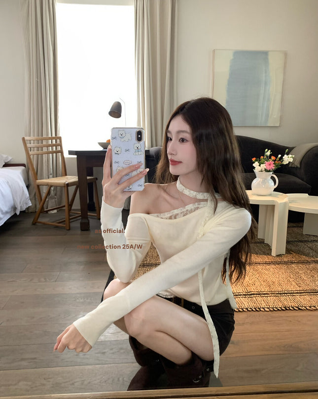 AS OFFICIAL Asymmetrical Lace Panel Knit Top with Ribbon (Wool Blend)