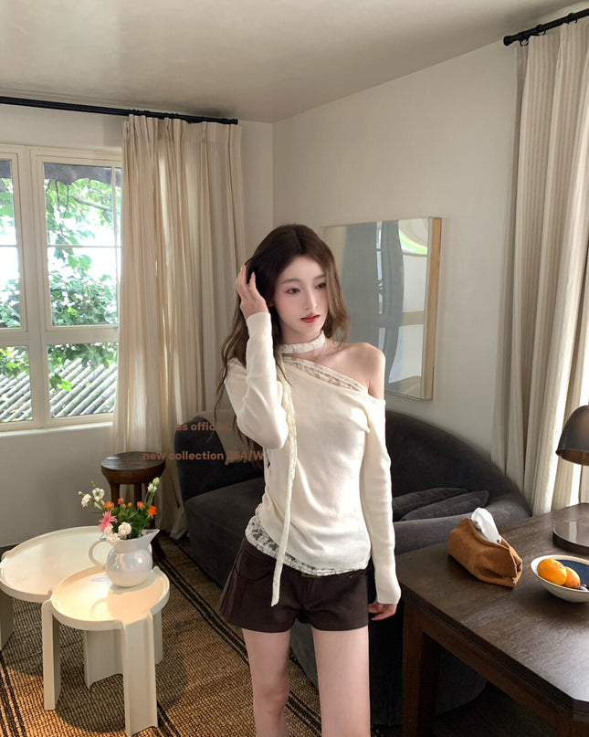 AS OFFICIAL Asymmetrical Lace Panel Knit Top with Ribbon (Wool Blend)