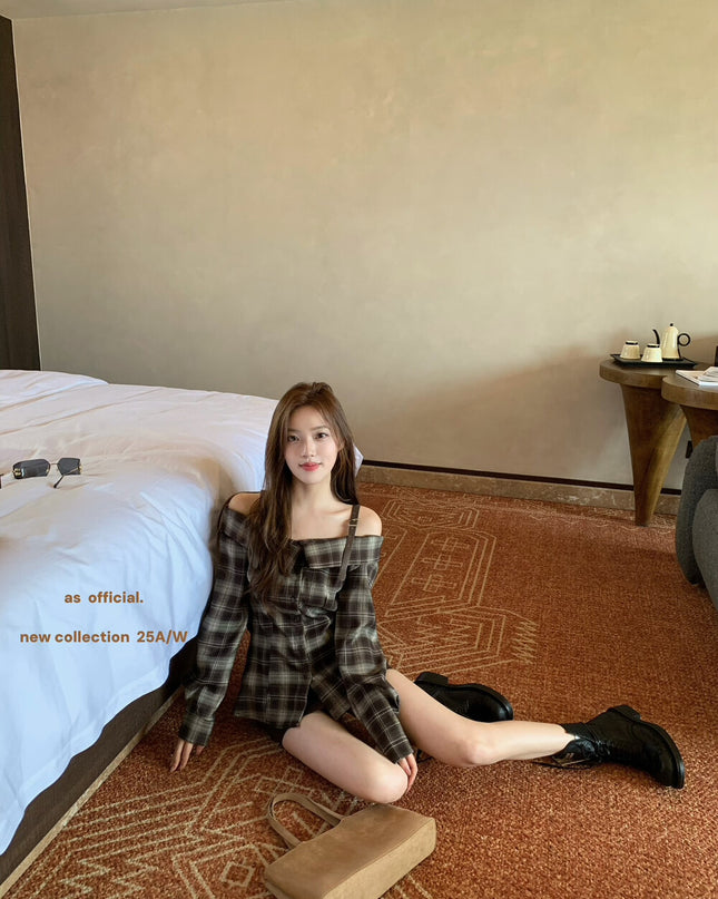 AS OFFICIAL Off-Shoulder Plaid Brushed Shirt Top