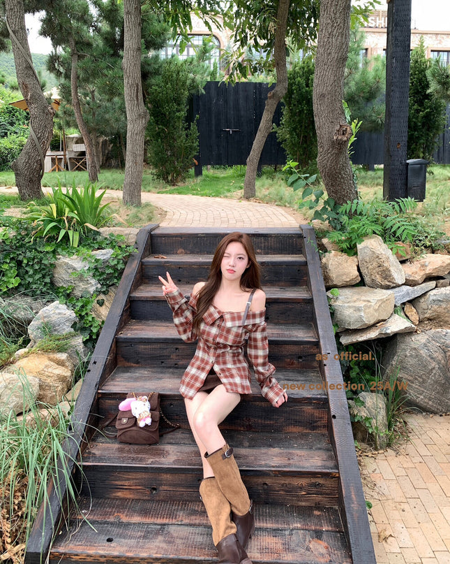 AS OFFICIAL Off-Shoulder Plaid Brushed Shirt Top