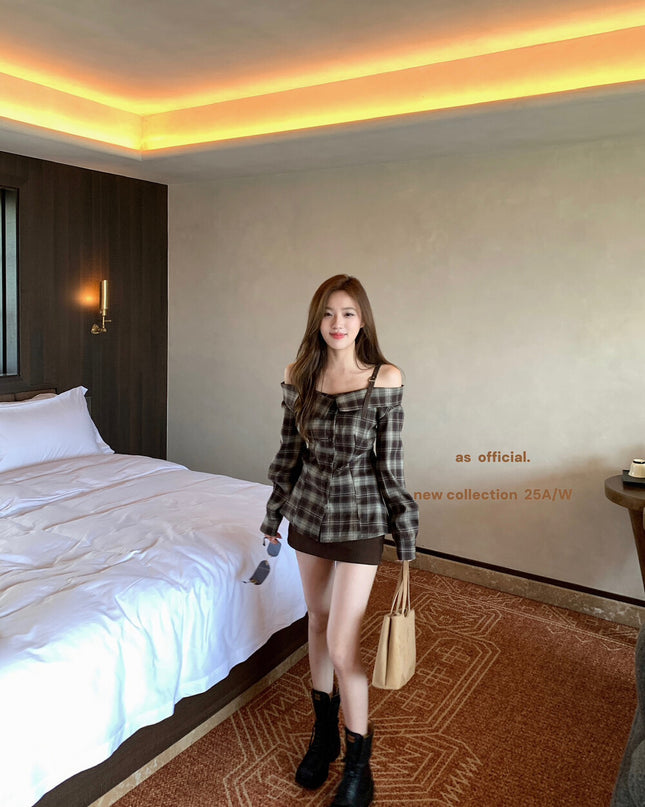 AS OFFICIAL Off-Shoulder Plaid Brushed Shirt Top