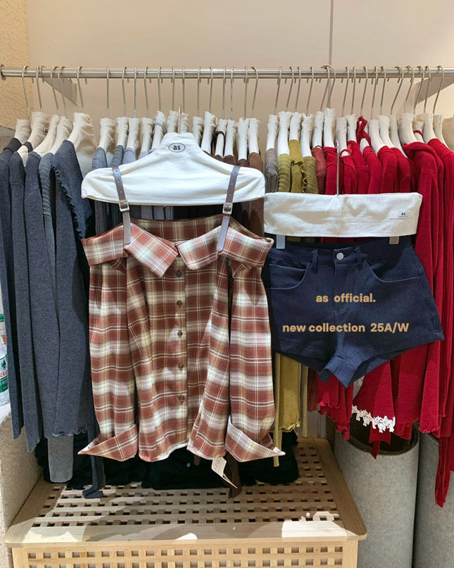 AS OFFICIAL Off-Shoulder Plaid Brushed Shirt Top