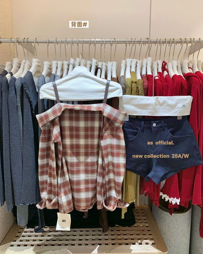 AS OFFICIAL Off-Shoulder Plaid Brushed Shirt Top