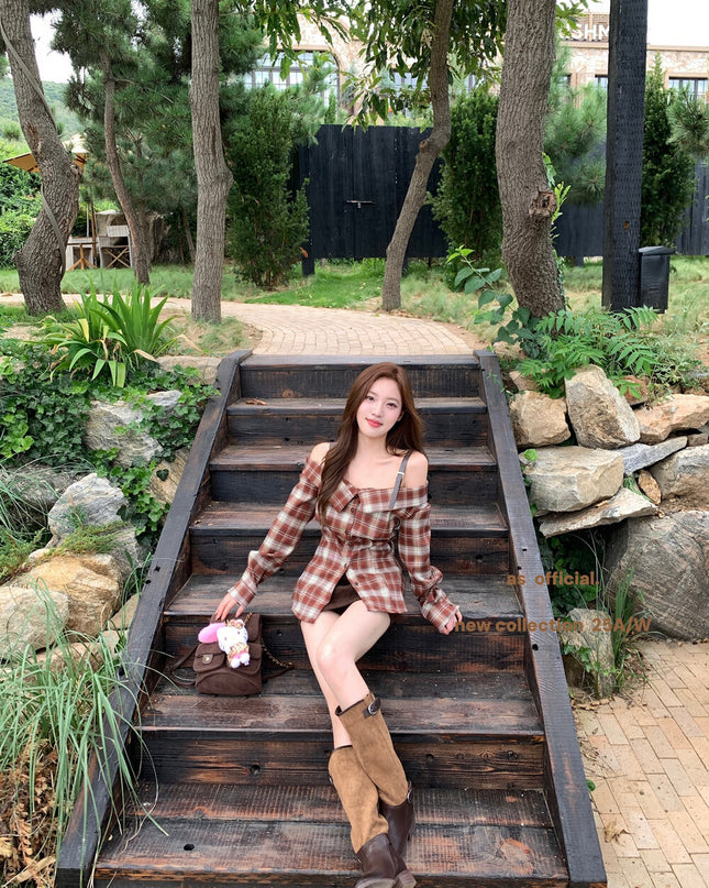AS OFFICIAL Off-Shoulder Plaid Brushed Shirt Top