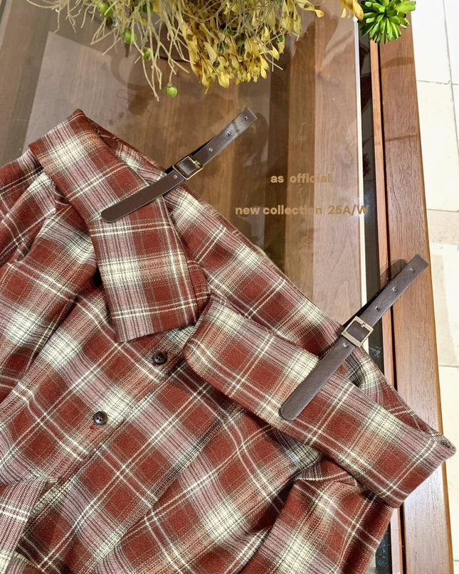 AS OFFICIAL Off-Shoulder Plaid Brushed Shirt Top