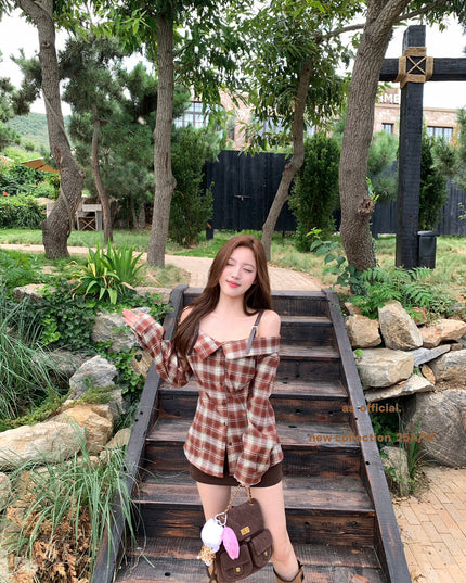 AS OFFICIAL Off-Shoulder Plaid Brushed Shirt Top