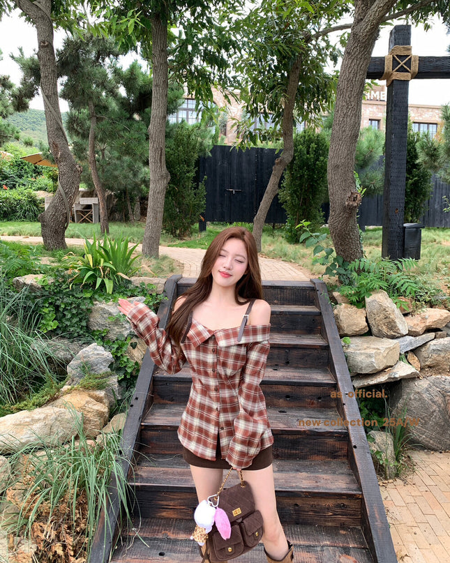AS OFFICIAL Off-Shoulder Plaid Brushed Shirt Top