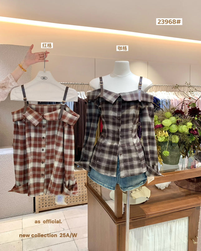 AS OFFICIAL Off-Shoulder Plaid Brushed Shirt Top