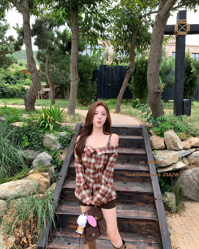 AS OFFICIAL Off-Shoulder Plaid Brushed Shirt Top