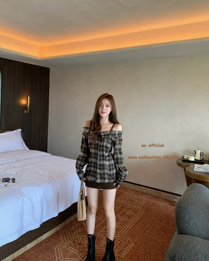 AS OFFICIAL Off-Shoulder Plaid Brushed Shirt Top