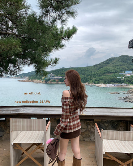 AS OFFICIAL Off-Shoulder Plaid Brushed Shirt Top