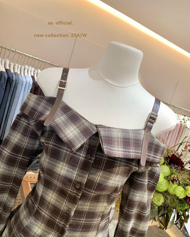 AS OFFICIAL Off-Shoulder Plaid Brushed Shirt Top