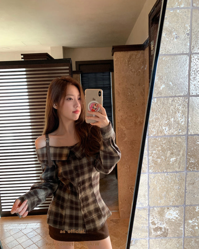 AS OFFICIAL Off-Shoulder Plaid Brushed Shirt Top