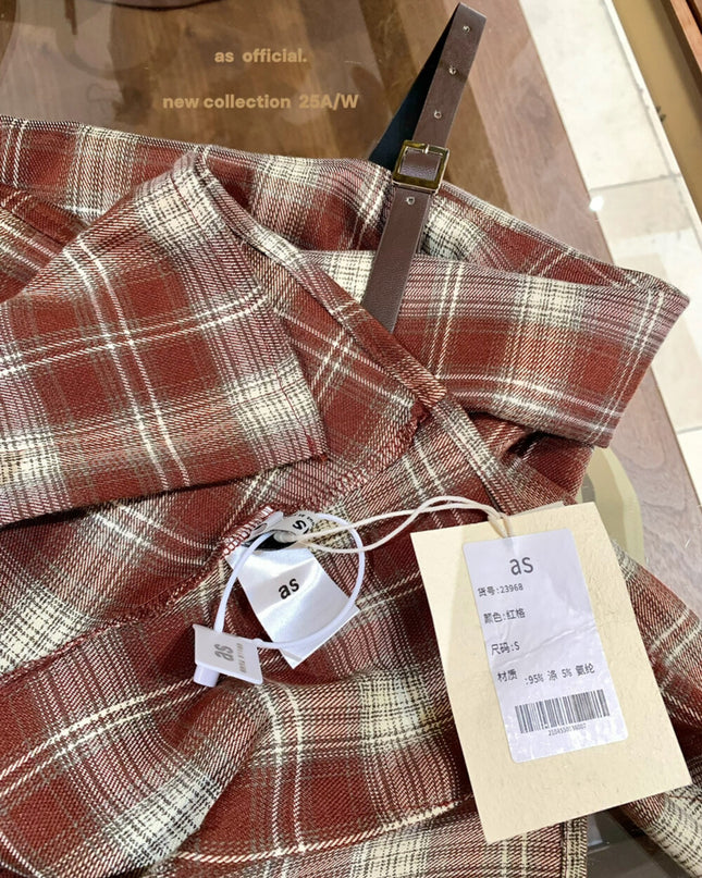AS OFFICIAL Off-Shoulder Plaid Brushed Shirt Top