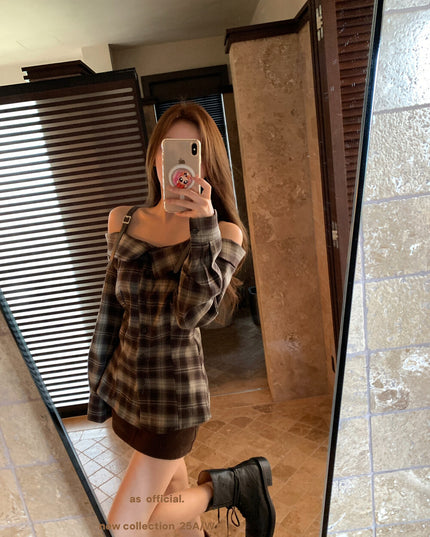 AS OFFICIAL Off-Shoulder Plaid Brushed Shirt Top