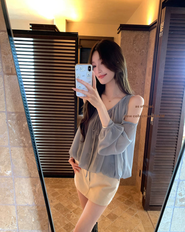AS OFFICIAL Tie-Neck Off-Shoulder Puff Sleeve Top