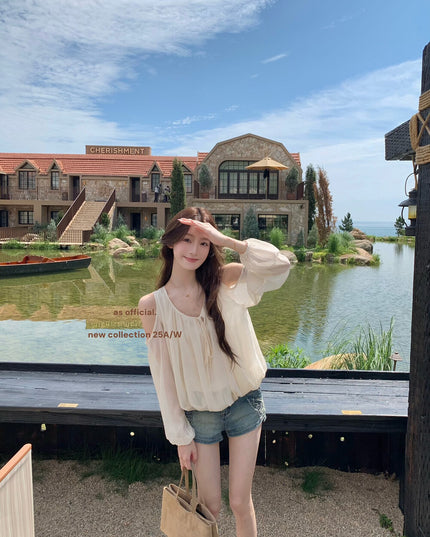 AS OFFICIAL Tie-Neck Off-Shoulder Puff Sleeve Top