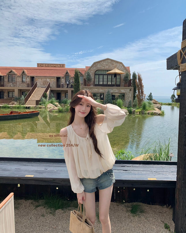 AS OFFICIAL Tie-Neck Off-Shoulder Puff Sleeve Top