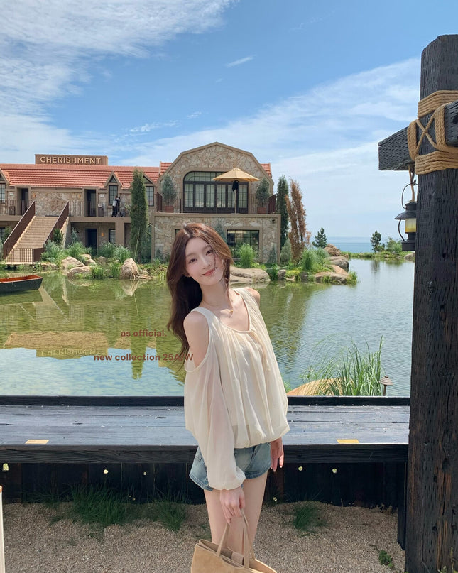 AS OFFICIAL Tie-Neck Off-Shoulder Puff Sleeve Top