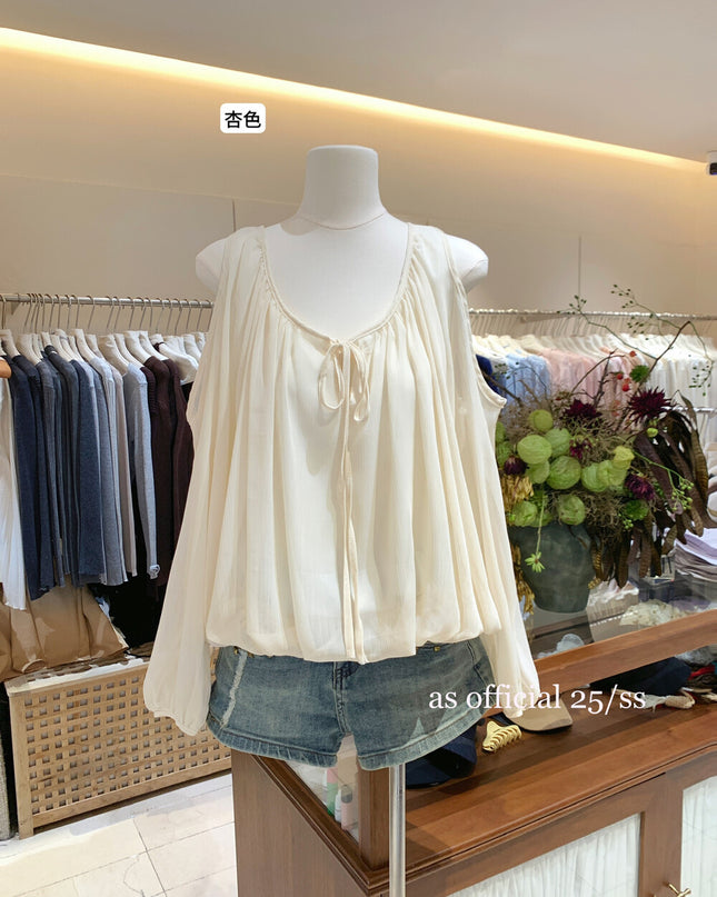 AS OFFICIAL Tie-Neck Off-Shoulder Puff Sleeve Top