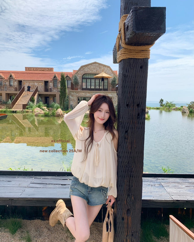 AS OFFICIAL Tie-Neck Off-Shoulder Puff Sleeve Top