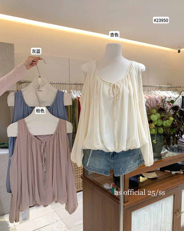AS OFFICIAL Tie-Neck Off-Shoulder Puff Sleeve Top