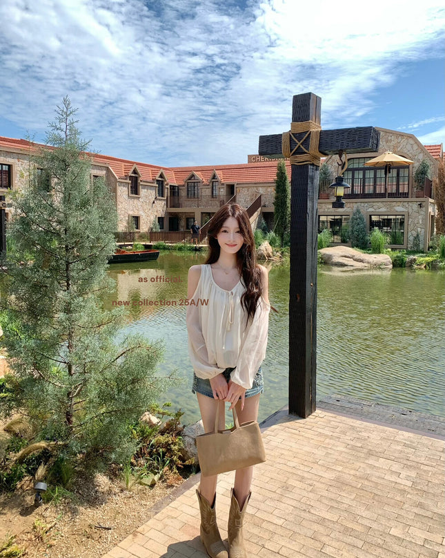 AS OFFICIAL Tie-Neck Off-Shoulder Puff Sleeve Top