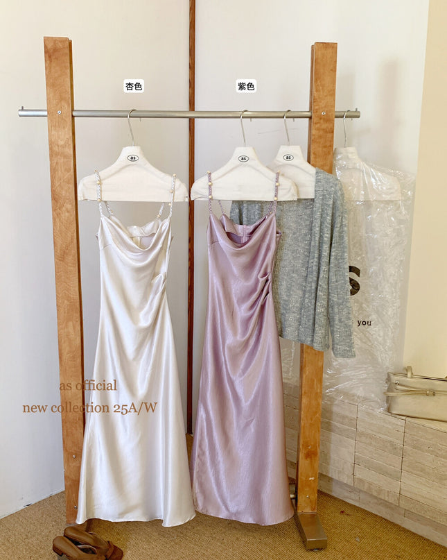 AS OFFICIAL Satin Cowl Neck Maxi Dress with Pearl Sheen