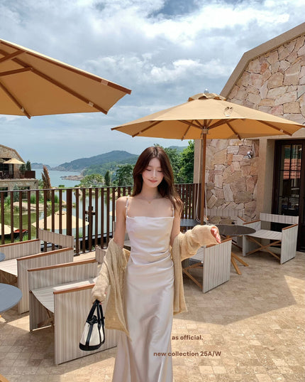 AS OFFICIAL Satin Cowl Neck Maxi Dress with Pearl Sheen