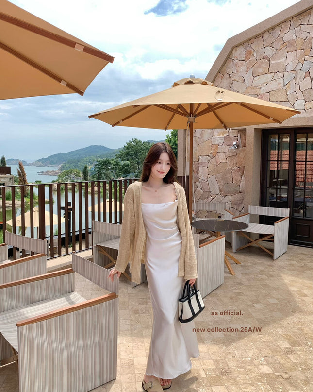 AS OFFICIAL Satin Cowl Neck Maxi Dress with Pearl Sheen