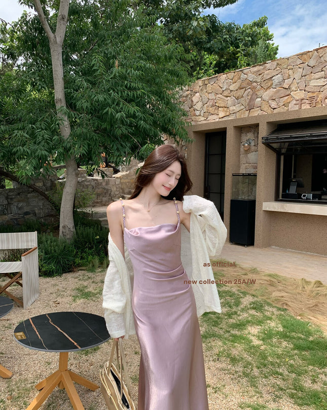 AS OFFICIAL Satin Cowl Neck Maxi Dress with Pearl Sheen