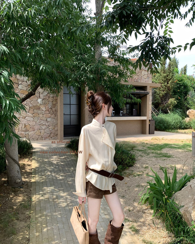 AS OFFICIAL Ruffled High-Neck Tie Blouse