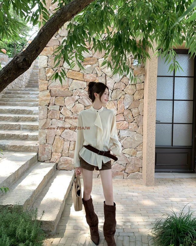 AS OFFICIAL Ruffled High-Neck Tie Blouse