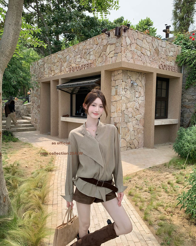 AS OFFICIAL Ruffled High-Neck Tie Blouse