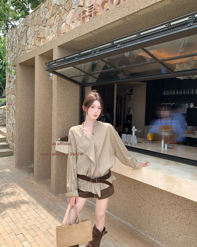 AS OFFICIAL Ruffled High-Neck Tie Blouse