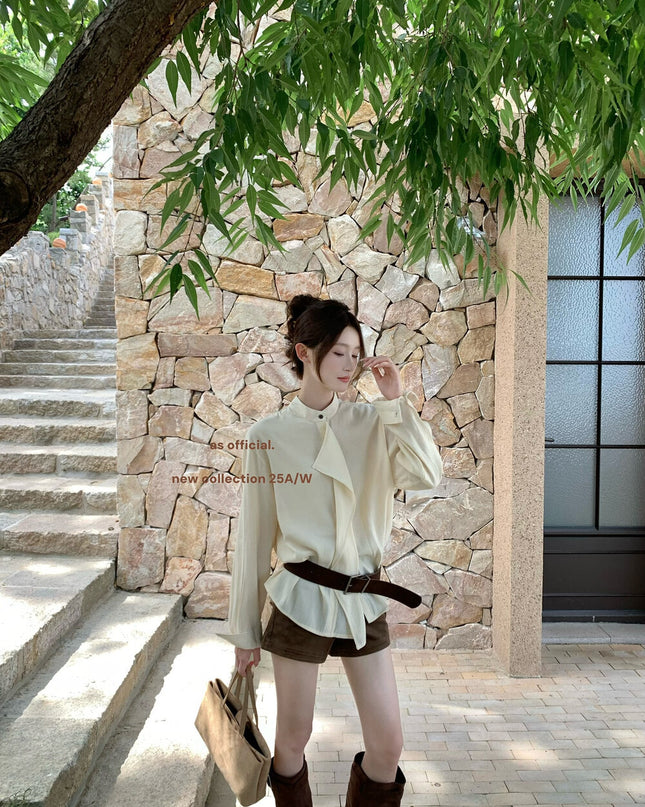 AS OFFICIAL Ruffled High-Neck Tie Blouse