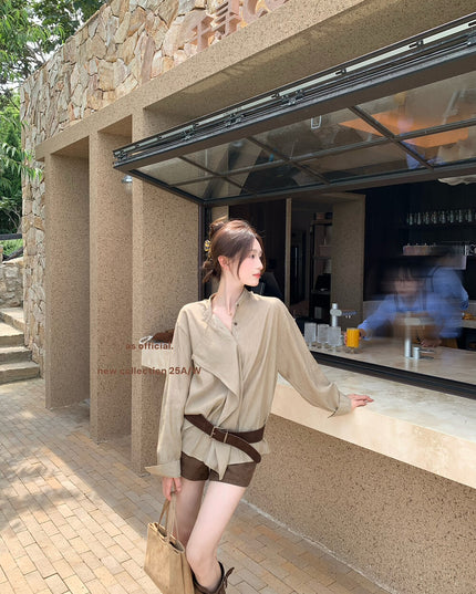AS OFFICIAL Ruffled High-Neck Tie Blouse