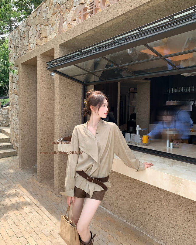 AS OFFICIAL Ruffled High-Neck Tie Blouse