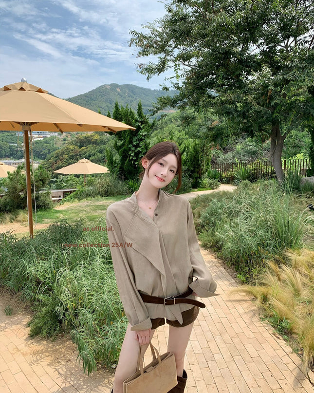 AS OFFICIAL Ruffled High-Neck Tie Blouse