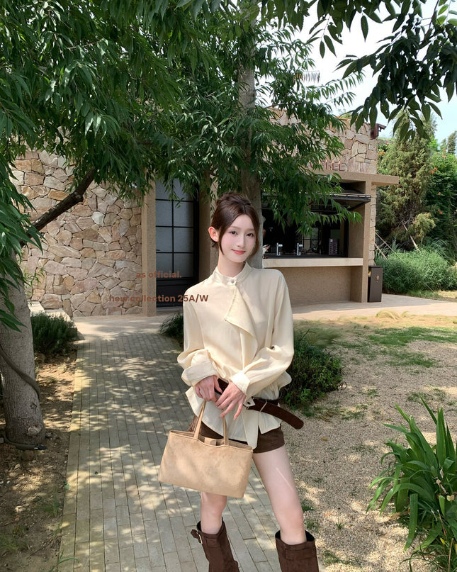 AS OFFICIAL Ruffled High-Neck Tie Blouse
